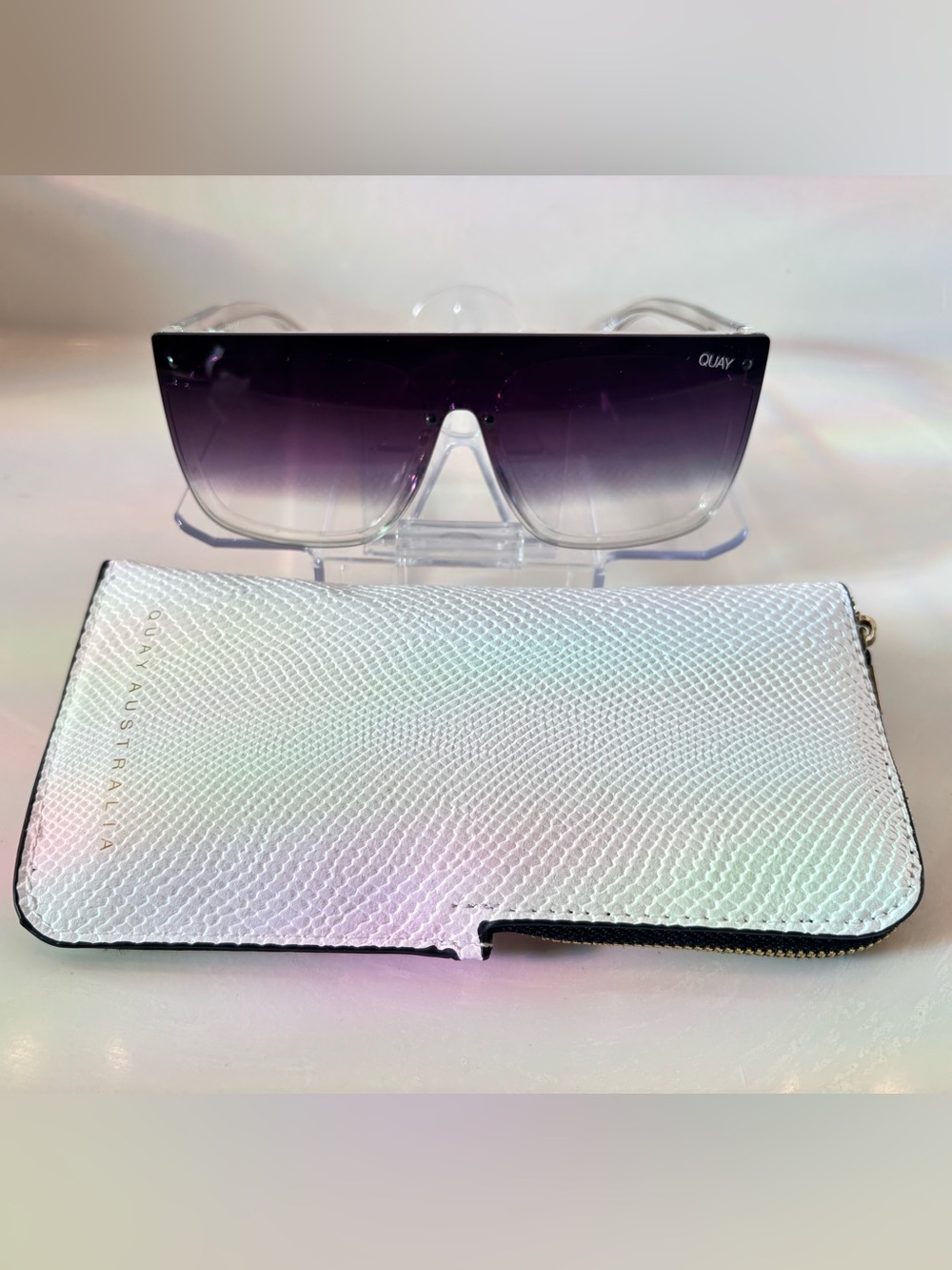 Quay Australia Clear Frame Shield Sunglasses with Purple Gradient Lenses